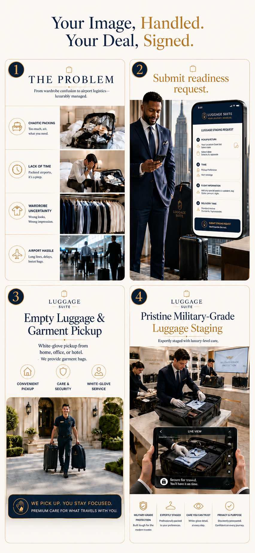 Your Image, Handled. Your Deal, Signed. The problem: chaotic staging, lack of time, wardrobe uncertainty and airport hassle, plus empty luggage and garment pickup and pristine military-grade luggage staging.