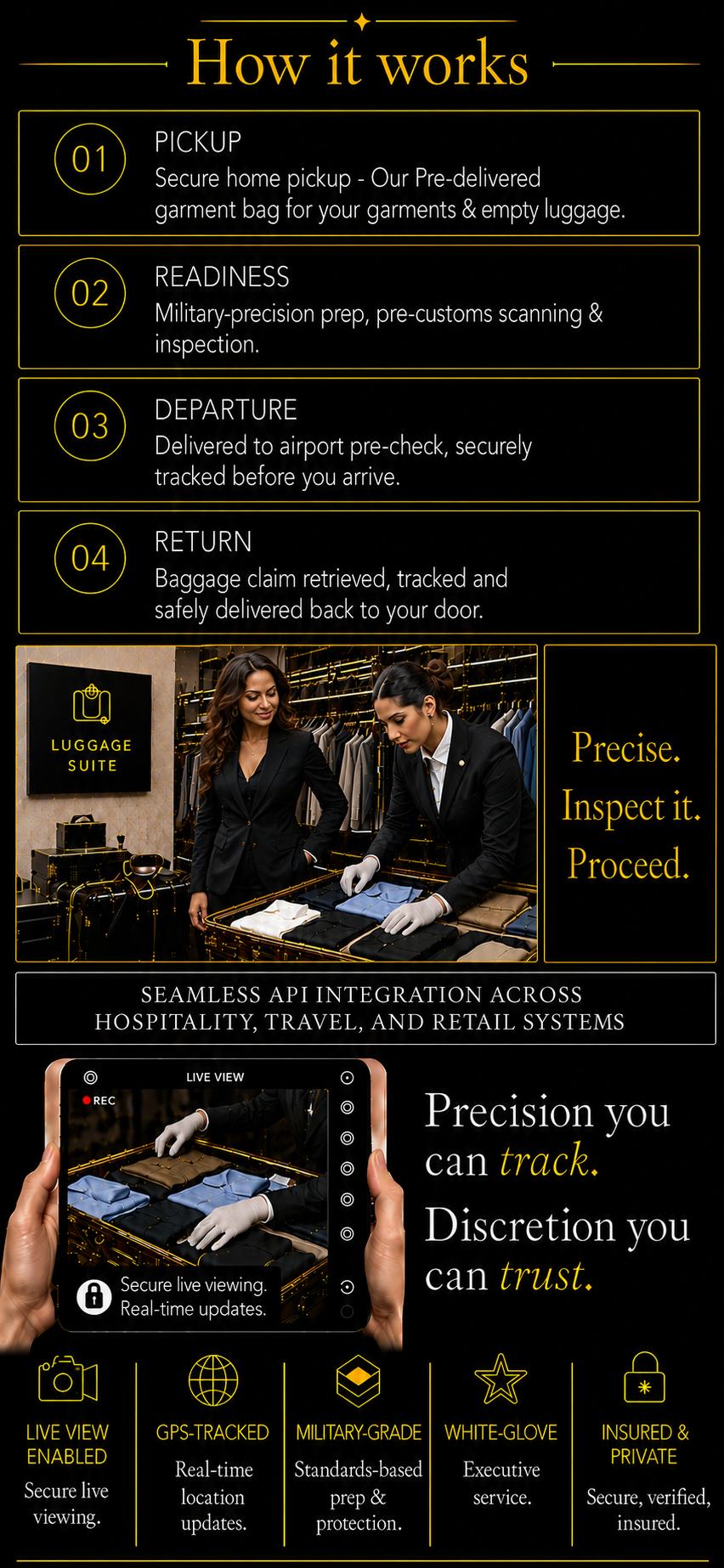 Luggage Suite service sequence: 01 pickup, 02 readiness, 03 departure, 04 return, with live-view tracking and insured, private, military-grade white-glove trust indicators.