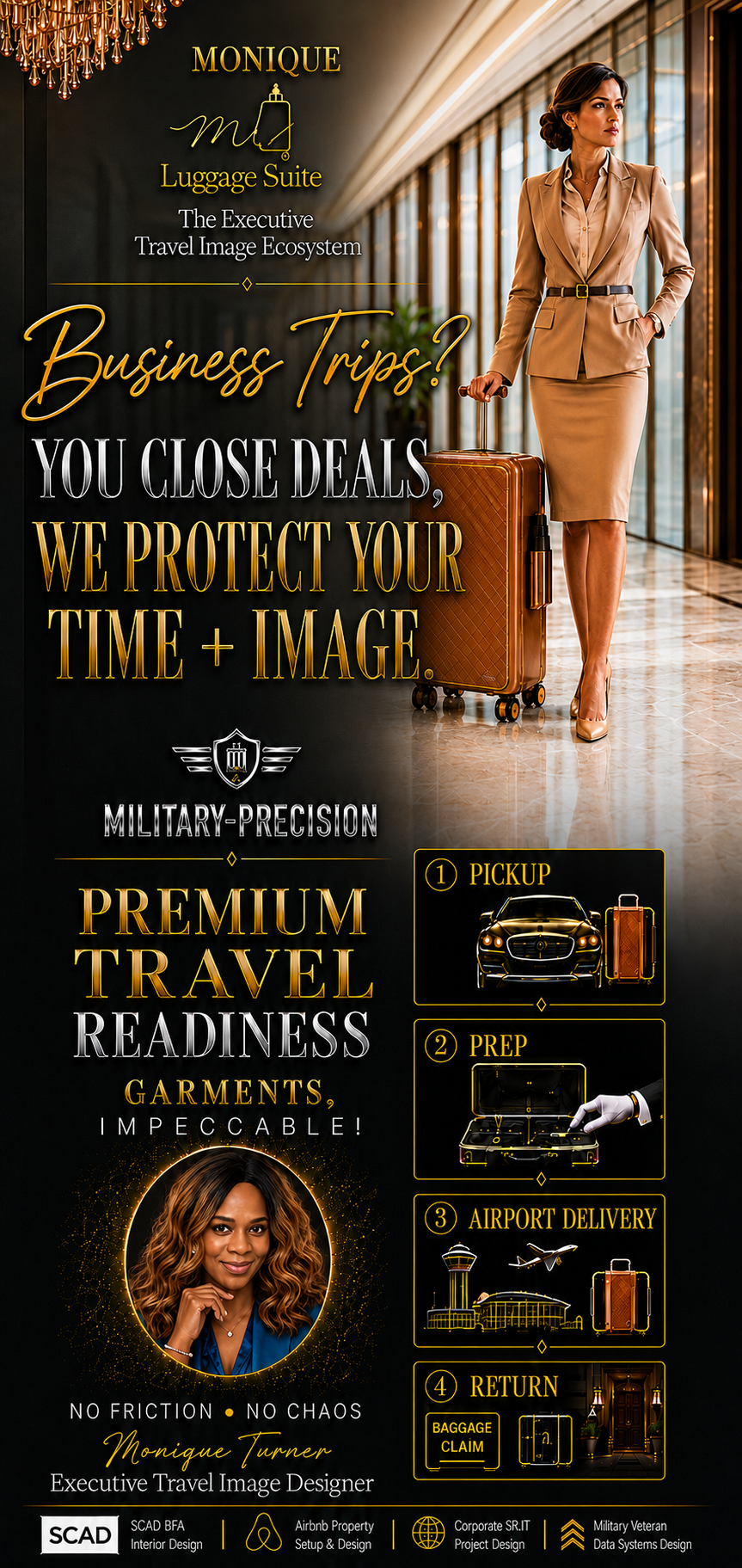 Luggage Suite — Monique Turner, Executive Travel Image Designer. On-demand, military-precision luggage readiness from your door to your gate.