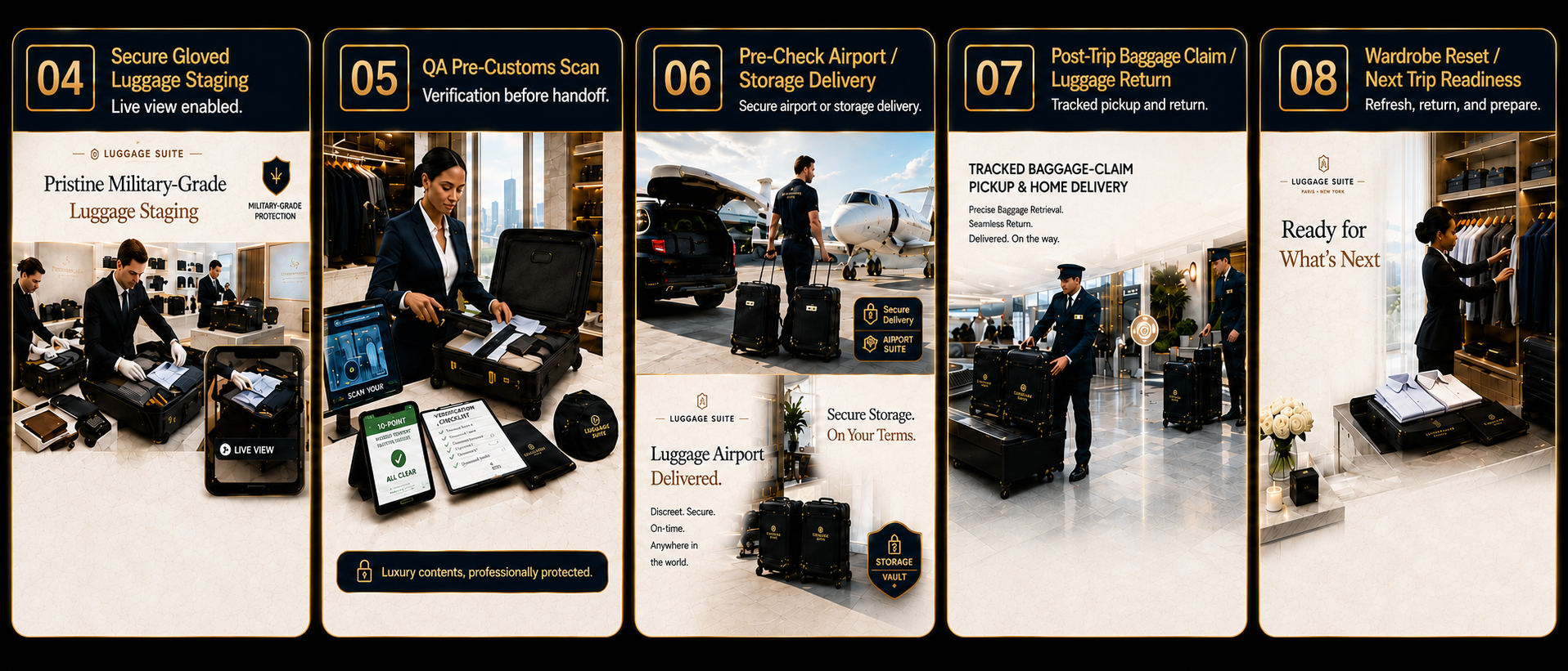 Luggage Suite workflow steps 04 to 08: secure gloved luggage readiness with live view, QA pre-customs scan, pre-check airport or storage delivery, post-trip baggage claim and luggage return, and wardrobe reset for next trip readiness.