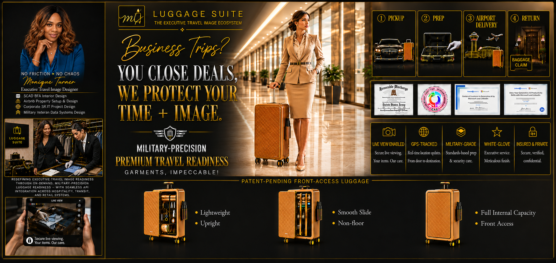 Luggage Suite — Monique Turner, Executive Travel Image Designer. On-demand, military-precision luggage readiness with patent-pending front-access luggage, four-step handling, and live-view tracking.