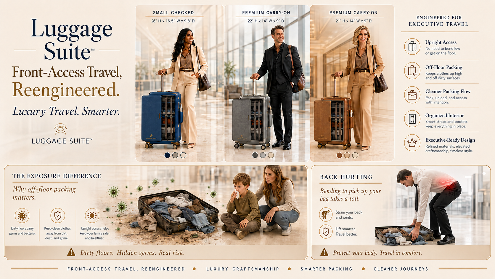 Luggage Suite front-access travel reengineered: upright sliding panel carry-on and small checked luggage with executive travel benefits