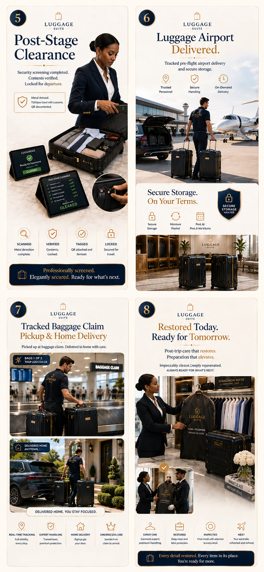 Post-stage clearance, luggage airport delivery and secure storage, tracked baggage claim pickup and home delivery, and restored-today wardrobe reset.