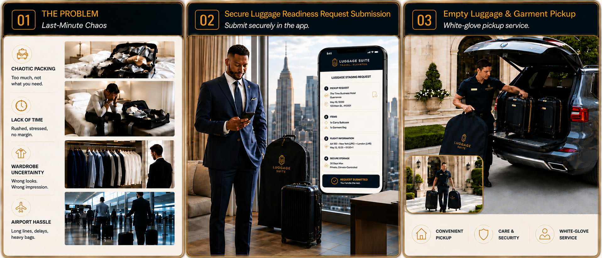Luggage Suite workflow steps 01 to 05: the problem of last-minute chaos, secure request submission, optional wardrobe planning, garment and luggage pickup, and adding forgotten essentials in the app.